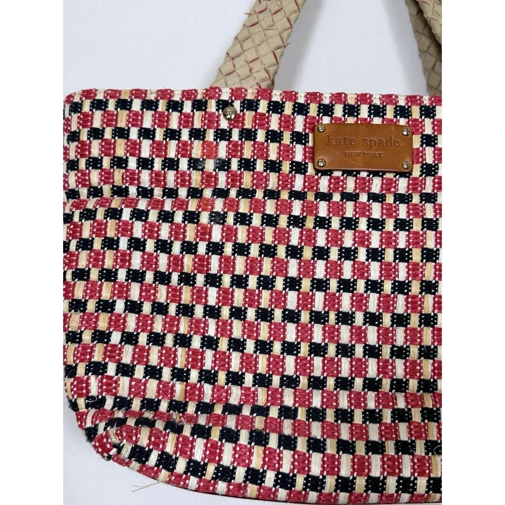 Kate Spade Woven Straw Tote Bag Red Black Cream Leather‎ Trim Large Shopper